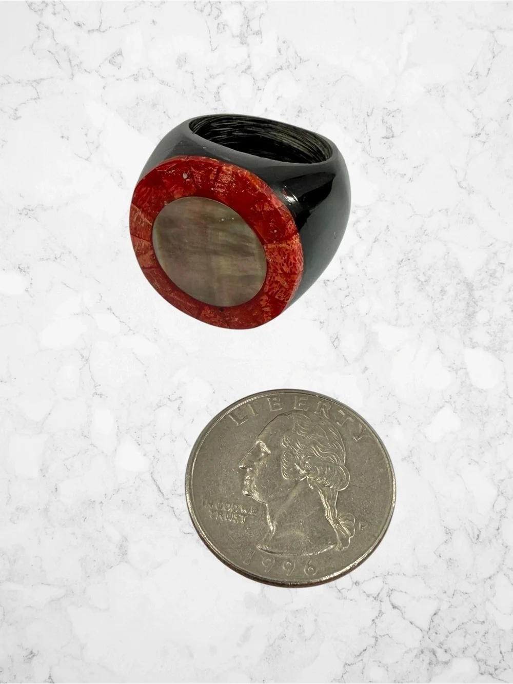 Hand Carved Ring Wood Black Red Burgundy Silver Lacquered Chunky Boho 7.5”